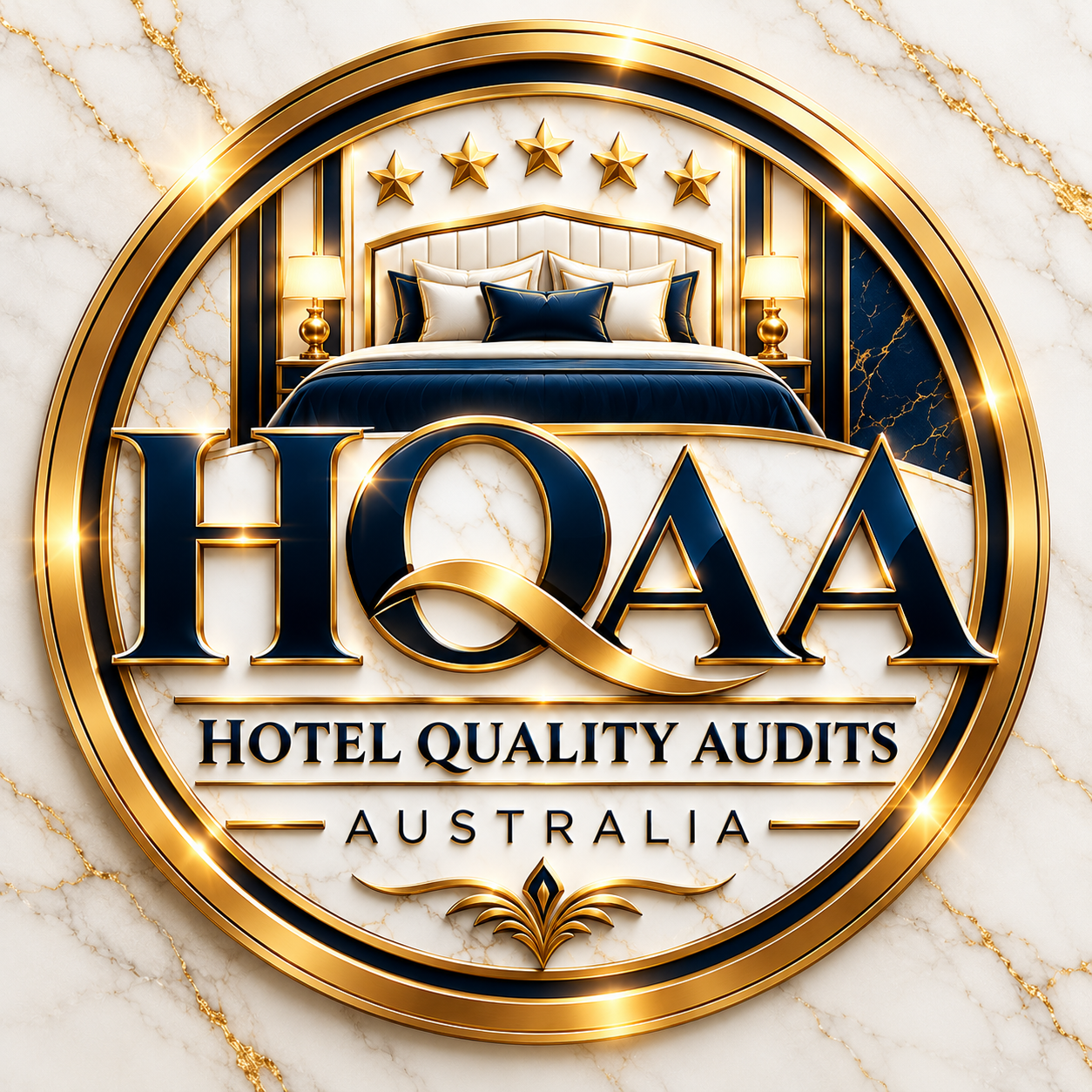HQAA Hotel Quality Audits Australia circular gold and navy hotel emblem